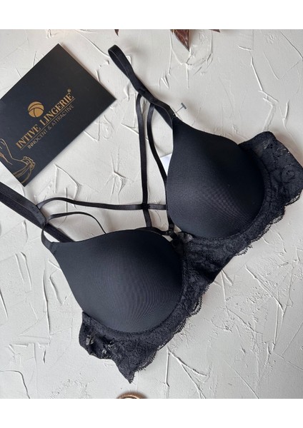 Lydia Önü Şeritli Dekoltesi Tasarım Yanları Dantelli Push-Up Çekici Siyah Sütyen fırsatları
