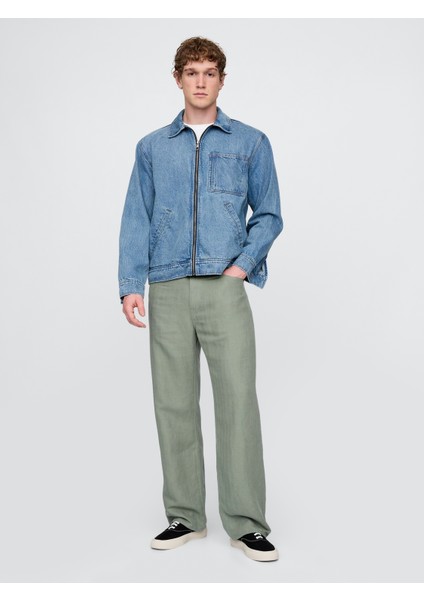 Erkek Yeşil Keten Karışımlı 90's Loose Herringbone Pantolon
