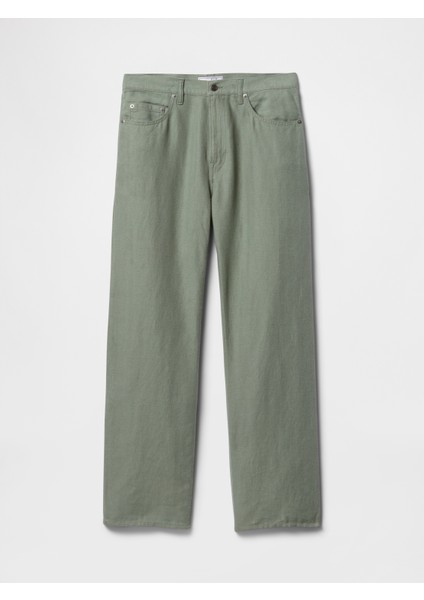 Erkek Yeşil Keten Karışımlı 90's Loose Herringbone Pantolon