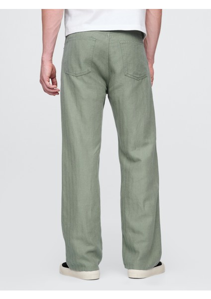 Erkek Yeşil Keten Karışımlı 90's Loose Herringbone Pantolon