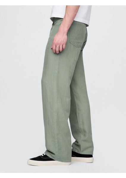 Erkek Yeşil Keten Karışımlı 90's Loose Herringbone Pantolon