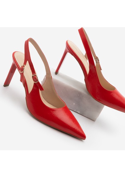 Kadın Stiletto Sivri Burun Arkası Açık Atkılı Tokalı Topuklu Ayakkabı Pelovi