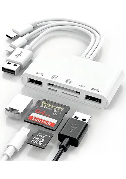 3136 Type-C USB Lightning Otg Iphone Tf Sd Micro Kart Okuyucu Card Çevirici Dönüştürücü Adaptör