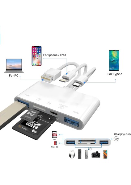3136 Type-C USB Lightning Otg Iphone Tf Sd Micro Kart Okuyucu Card Çevirici Dönüştürücü Adaptör