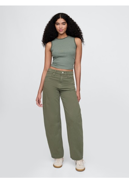 Kadın Haki High Rise Barrel Jean Pantolon