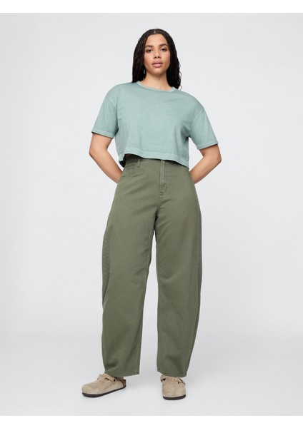 Kadın Haki High Rise Barrel Jean Pantolon indirimleri