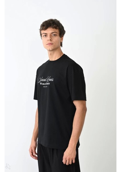Bisiklet Yaka Baskılı Oversize T-Shirt - Siyah