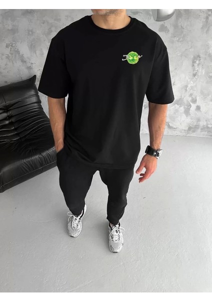 Bisiklet Yaka Baskılı Oversize T-Shirt - Siyah