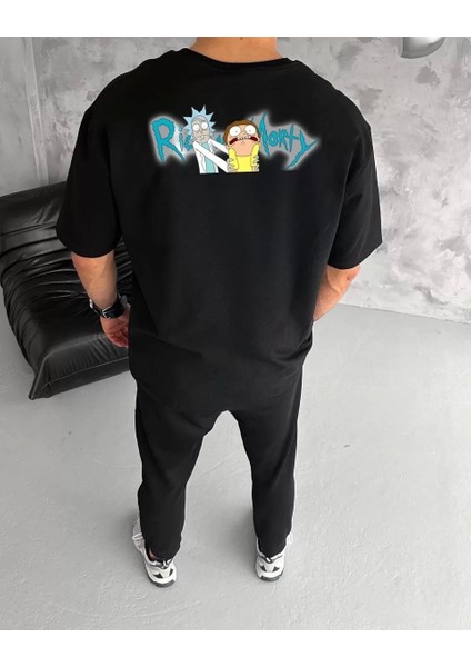 Bisiklet Yaka Baskılı Oversize T-Shirt - Siyah