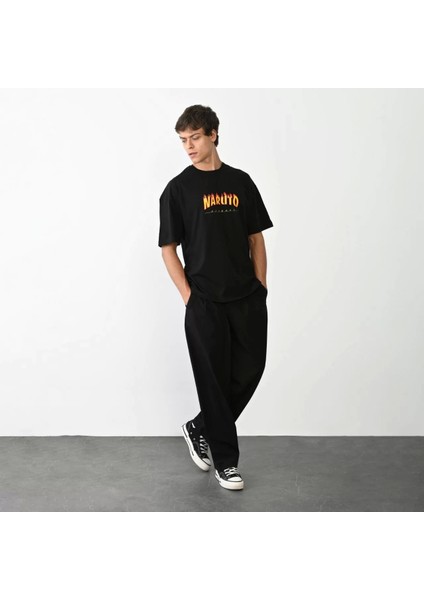 Bisiklet Yaka Baskılı Oversize T-Shirt - Siyah