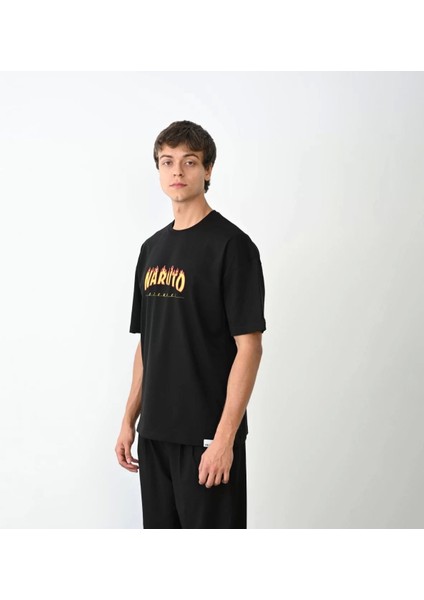 Bisiklet Yaka Baskılı Oversize T-Shirt - Siyah