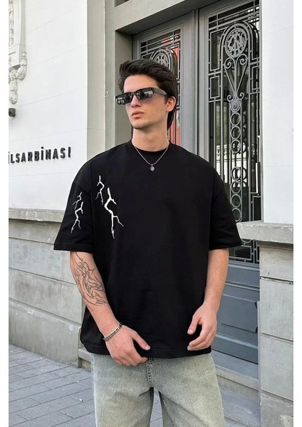 Bisiklet Yaka Baskılı Oversize T-Shirt - Siyah
