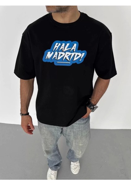 Bisiklet Yaka Baskılı Oversize T-Shirt - Siyah