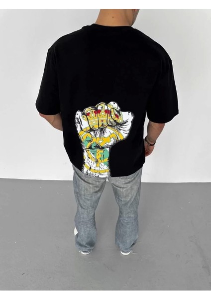 Bisiklet Yaka Baskılı Oversize T-Shirt - Siyah