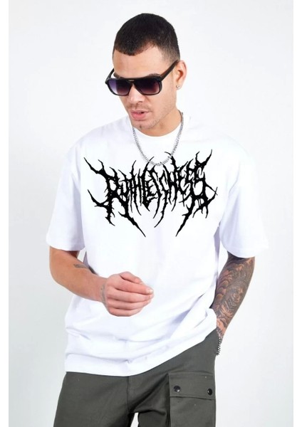 Bisiklet Yaka Baskılı Oversize T-Shirt - Beyaz