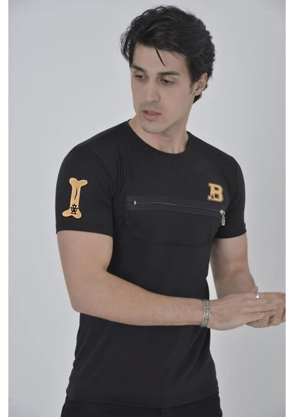 Göğüs Fermuarlı Baskılı T-Shirt - Siyah
