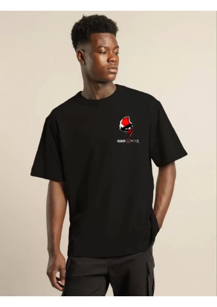 Bisiklet Yaka Baskılı Oversize T-Shirt - Siyah