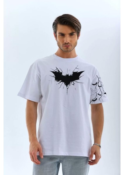 Ön ve Kol Baskılı Oversize T-Shirt - Beyaz