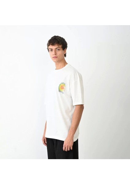 Bisiklet Yaka Baskılı Oversize T-Shirt - Beyaz
