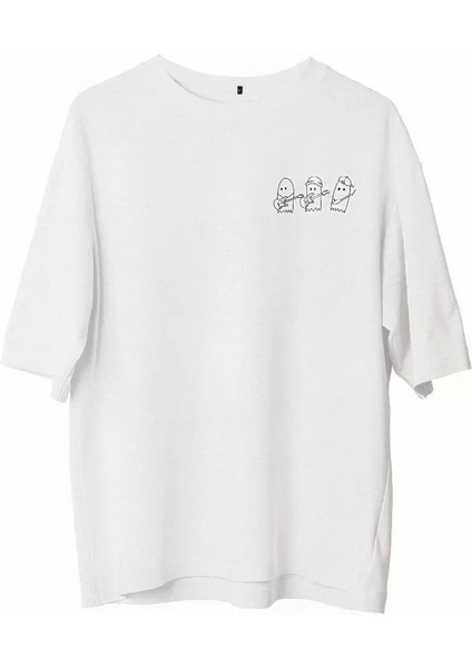 Bisiklet Yaka Baskılı Oversize T-Shirt - Beyaz