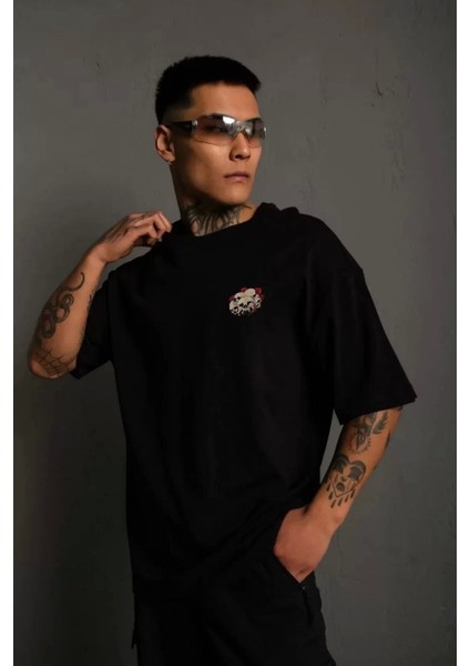 Bisiklet Yaka Baskılı Oversize T-Shirt - Siyah