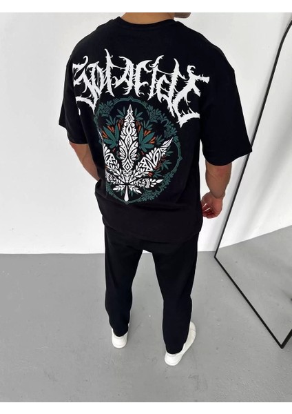 Bisiklet Yaka Baskılı Oversize T-Shirt - Siyah