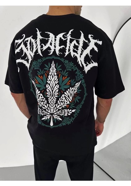 Bisiklet Yaka Baskılı Oversize T-Shirt - Siyah