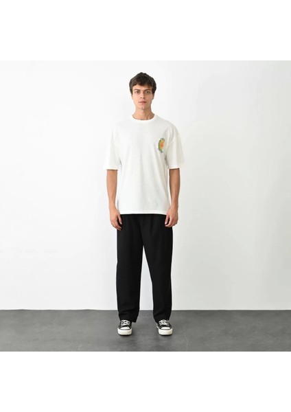 Bisiklet Yaka Baskılı Oversize T-Shirt - Beyaz fiyatları