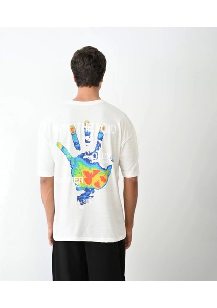 Bisiklet Yaka Baskılı Oversize T-Shirt - Beyaz indirimleri