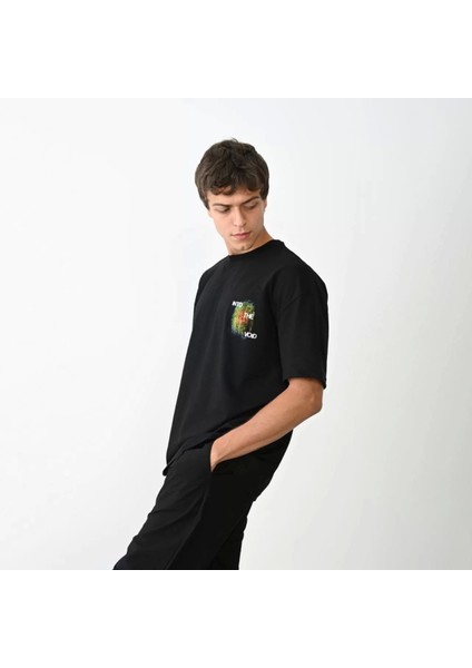 Bisiklet Yaka Baskılı Oversize T-Shirt - Siyah