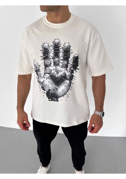 Bisiklet Yaka Baskılı Oversize T-Shirt - Beyaz fiyatları