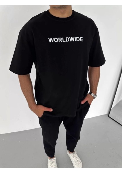 Bisiklet Yaka Baskılı Oversize T-Shirt - Siyah