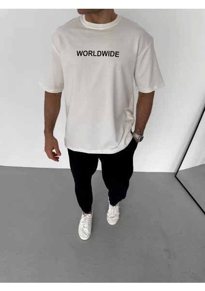Bisiklet Yaka Baskılı Oversize T-Shirt - Beyaz
