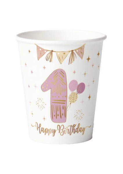 1 Yaş Gold Yaldızlı Pembe Karton Bardak 6 Adet