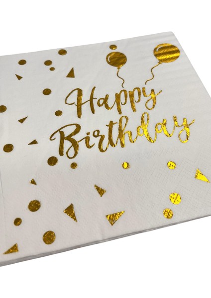 Peçete Varaklı Happy Birthday yazı beyaz üstü gold modelleri