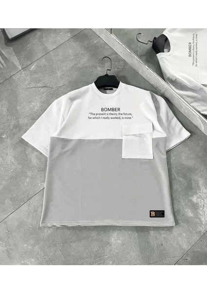 Torba Cep Detaylı Parçalı T-Shirt - Gri