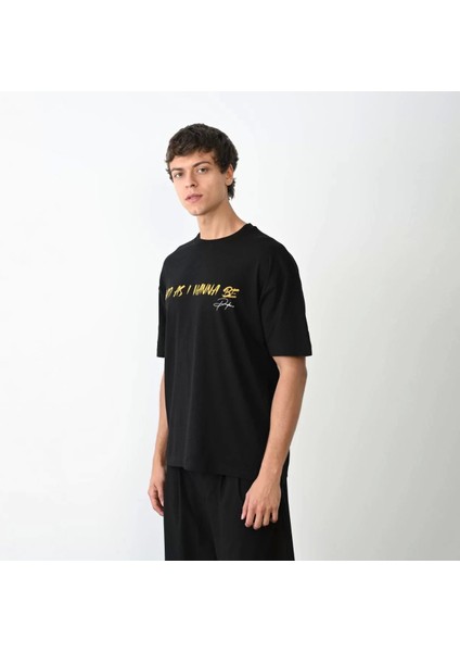 Bisiklet Yaka Baskılı Oversize T-Shirt - Siyah fiyatları