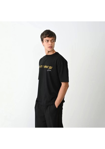 Bisiklet Yaka Baskılı Oversize T-Shirt - Siyah modelleri