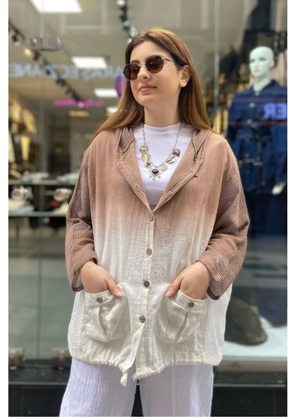 Kadın Keten Görünümlü Gömlek Ceket %100 Pamuklu Premium Kumaş Oversize Kapüşonlu Fileli Düğme Cep Detay