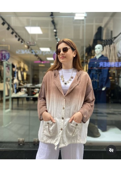 Kadın Keten Görünümlü Gömlek Ceket %100 Pamuklu Premium Kumaş Oversize Kapüşonlu Fileli Düğme Cep Detay
