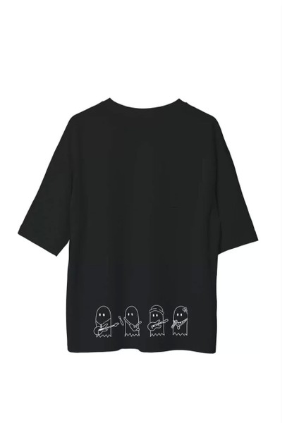 Bisiklet Yaka Baskılı Oversize T-Shirt - Siyah