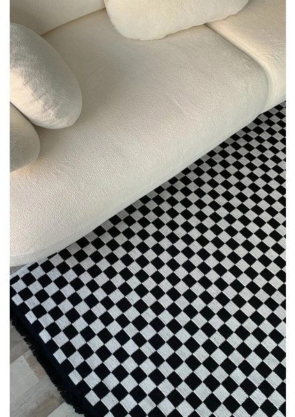Akça Dama Desenli Yıkanabilir Dokuma Kaymaz Taban Halı Yolluk Kilim Beyaz