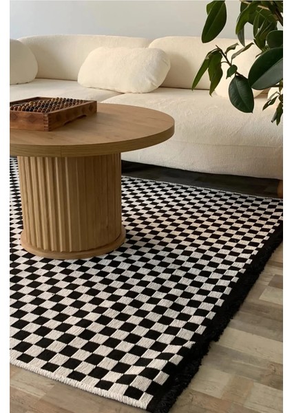 Akça Dama Desenli Yıkanabilir Dokuma Kaymaz Taban Halı Yolluk Kilim Beyaz