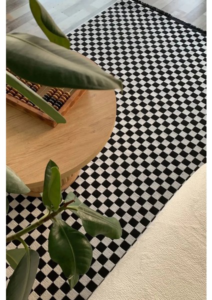 Akça Dama Desenli Yıkanabilir Dokuma Kaymaz Taban Halı Yolluk Kilim Beyaz