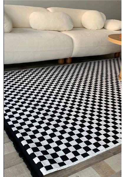 Akça Dama Desenli Yıkanabilir Dokuma Kaymaz Taban Halı Yolluk Kilim Beyaz
