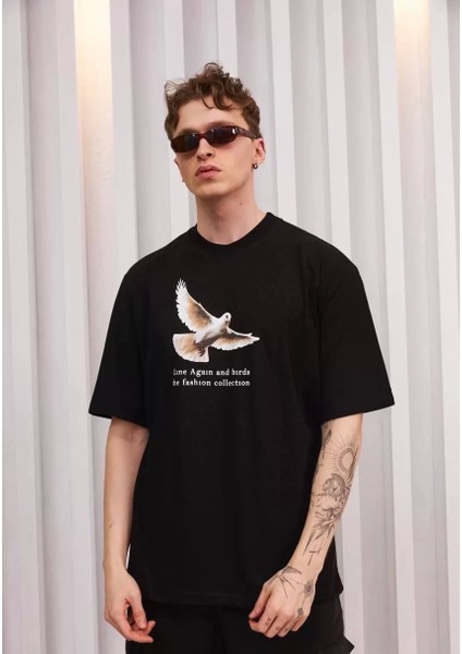 Bisiklet Yaka Baskılı Oversize T-Shirt - Siyah