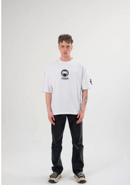 Bisiklet Yaka Baskılı Oversize T-Shirt - Beyaz fiyatları