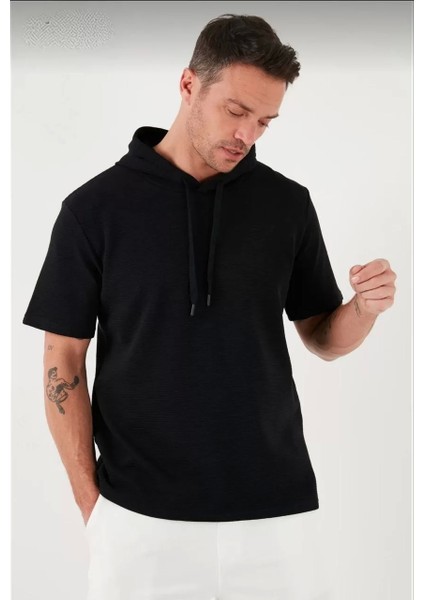 Kapşonlu Kısa Kol Düz Oversize T-Shirt - Siyah