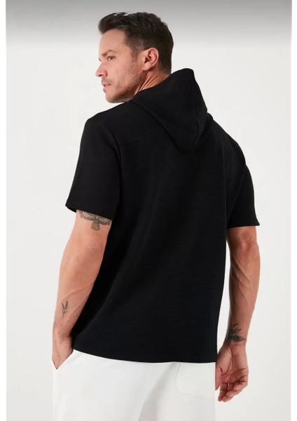 Kapşonlu Kısa Kol Düz Oversize T-Shirt - Siyah