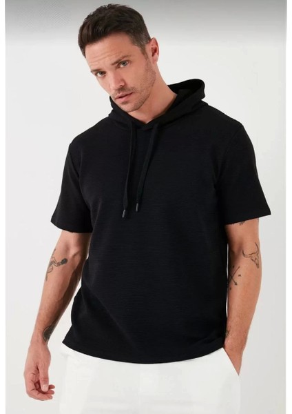 Kapşonlu Kısa Kol Düz Oversize T-Shirt - Siyah